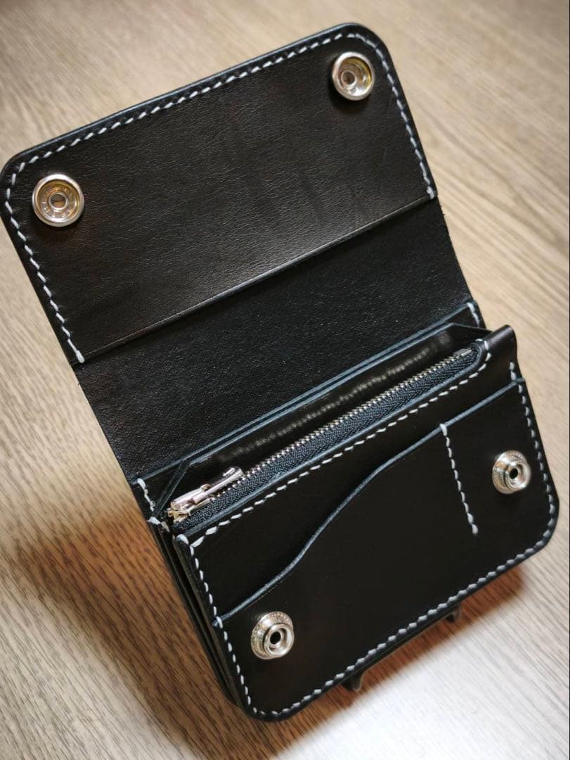ミドル　トラッカーウォレット　 3層　ヌメ革　 ブラック