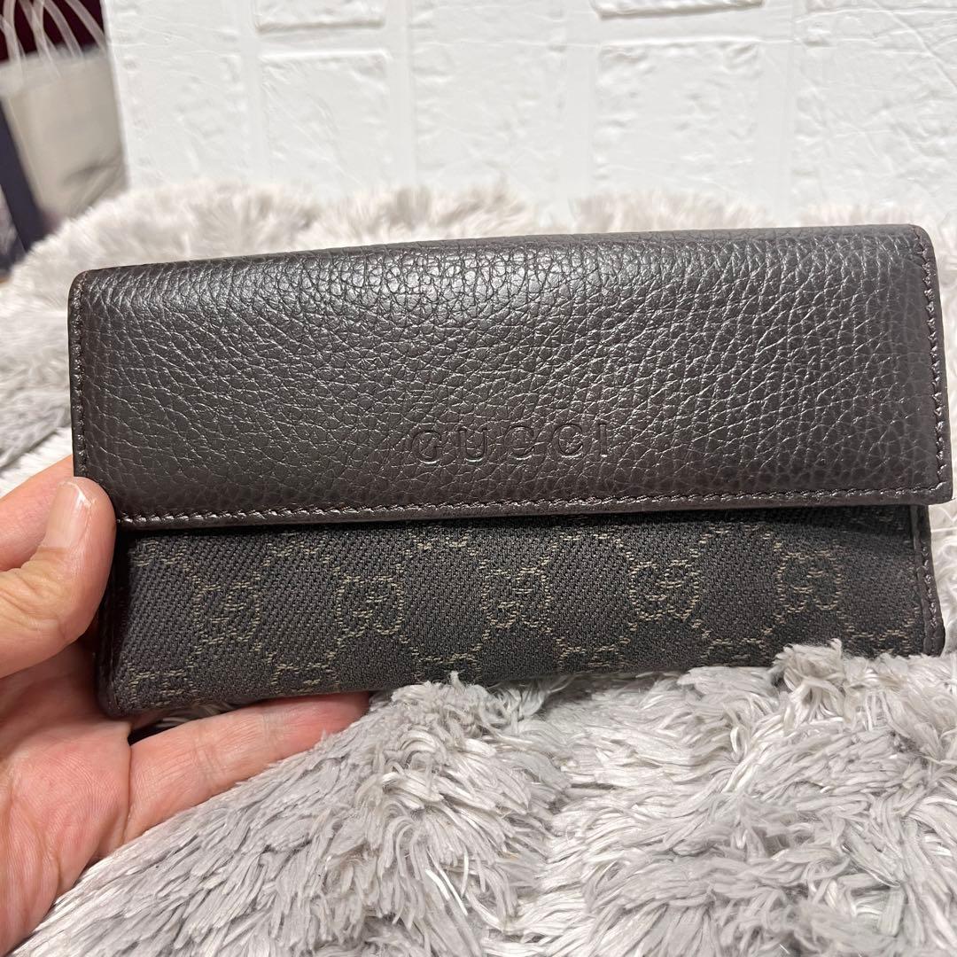 美品✨GUCCI マキシ　財布　GGキャンバス シボ　ダークブラウン　Wホック