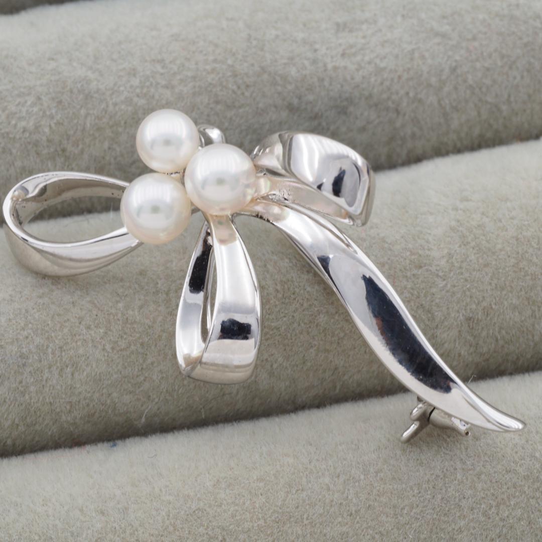 ミキモト ブローチ アコヤ真珠 パール 4.0-4.6mm リボン シルバー