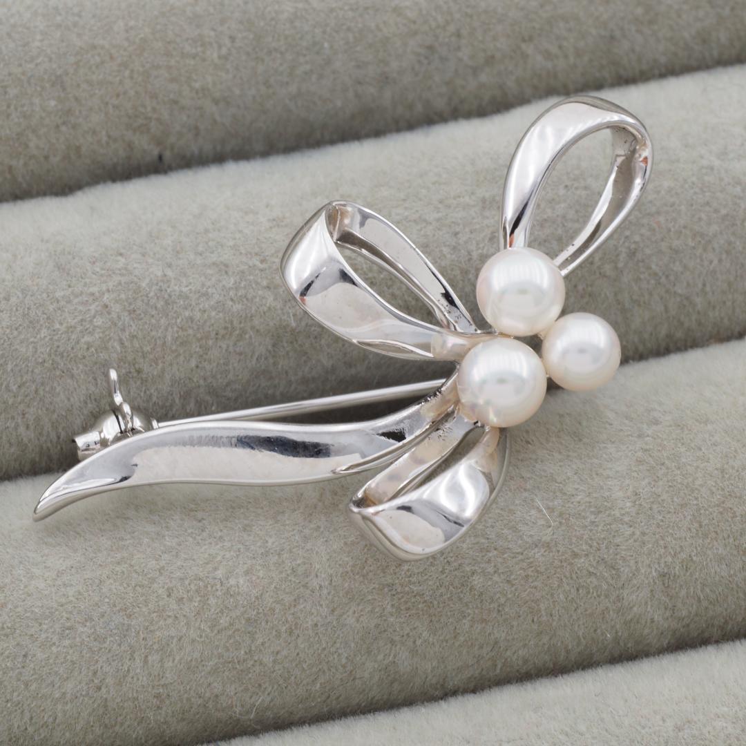 ミキモト ブローチ アコヤ真珠 パール 4.0-4.6mm リボン シルバー