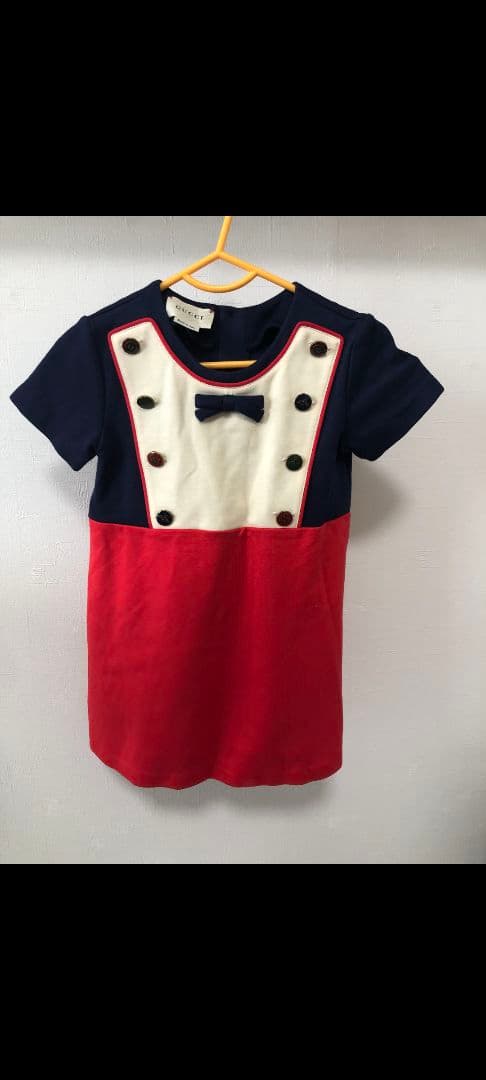 【美品】GUCCIボウタイ付き半袖ワンピース ネイビー/レッド