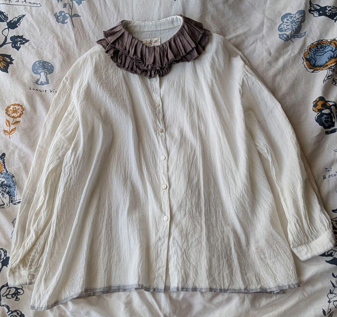 美品 ブノン BUNON フリルカラーブラウス 襟濃ブラウン