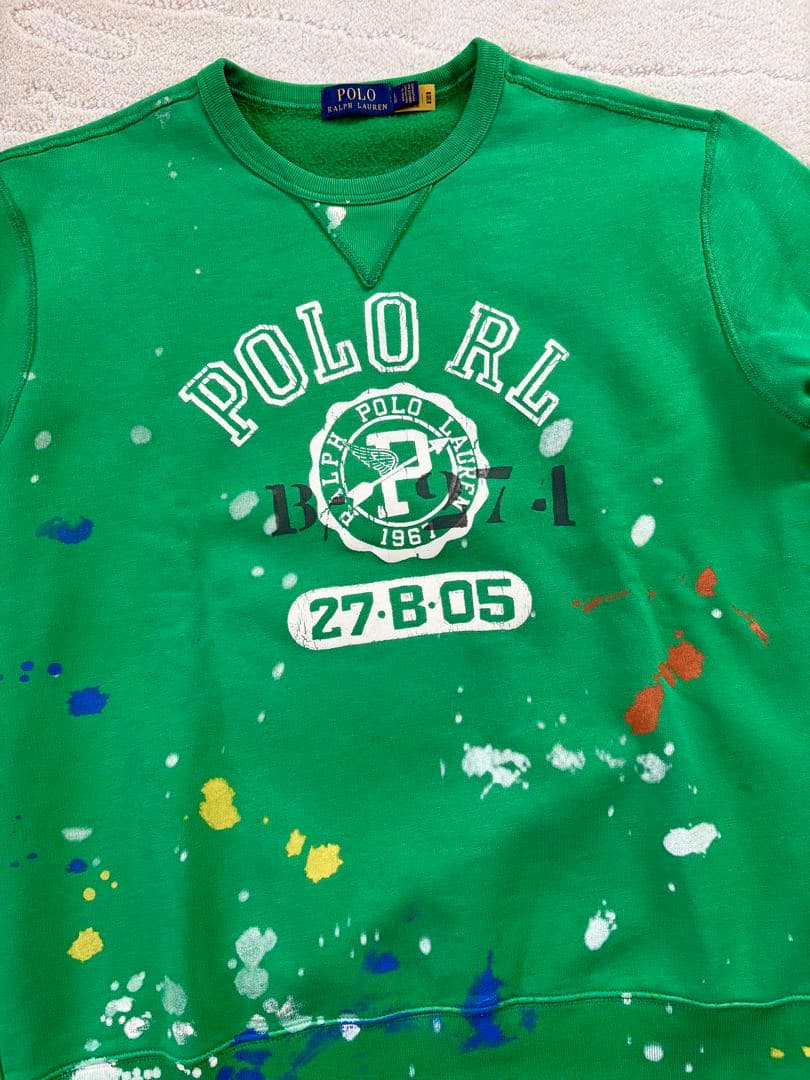 ポロラルフローレン　ペンキ加工　クルーネックスウェット グリーン LGサイズ