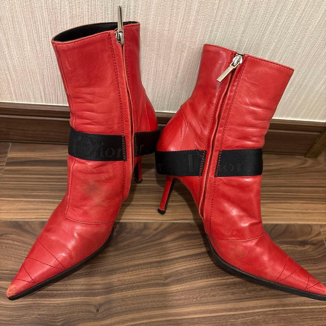 Dior レザー レッド ショート ベルト ブーツ 赤 37 本革