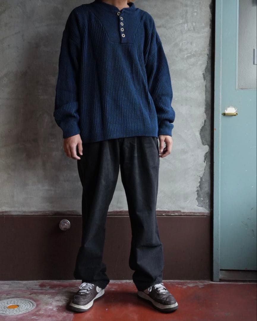 Eddie Bauer ネイビー ヘンリーネックニット XL アメリカ製