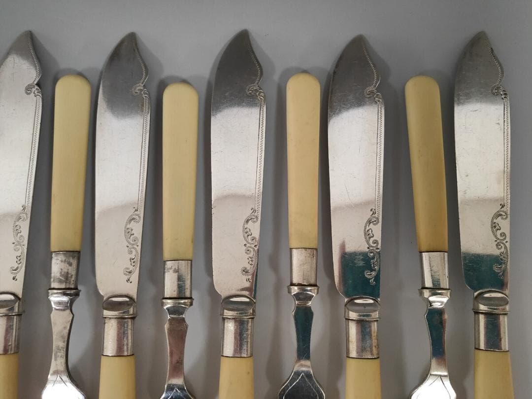 英国製 純銀P フェイクボーンハンドル ナイフ フォーク 12本 (L10)