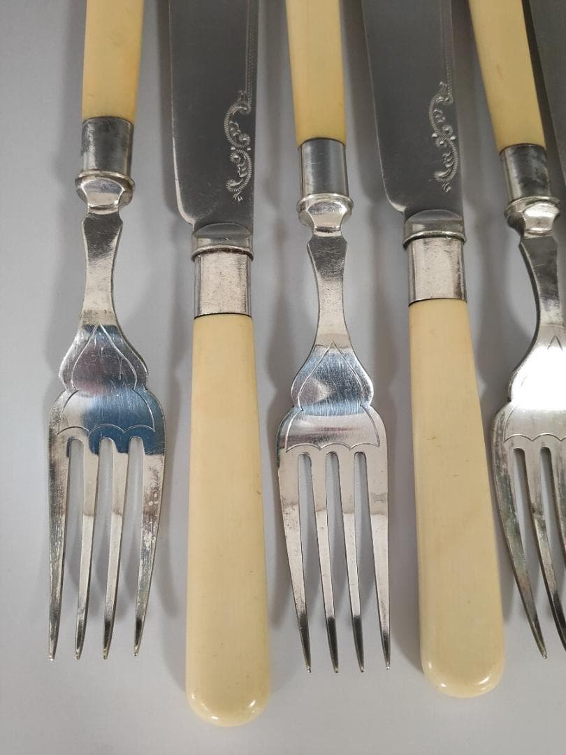英国製 純銀P フェイクボーンハンドル ナイフ フォーク 12本 (L10)