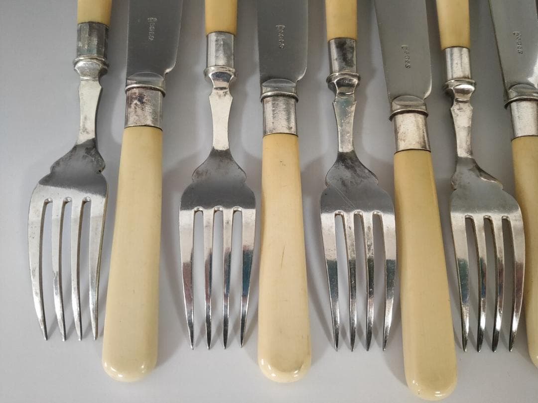 英国製 純銀P フェイクボーンハンドル ナイフ フォーク 12本 (L10)