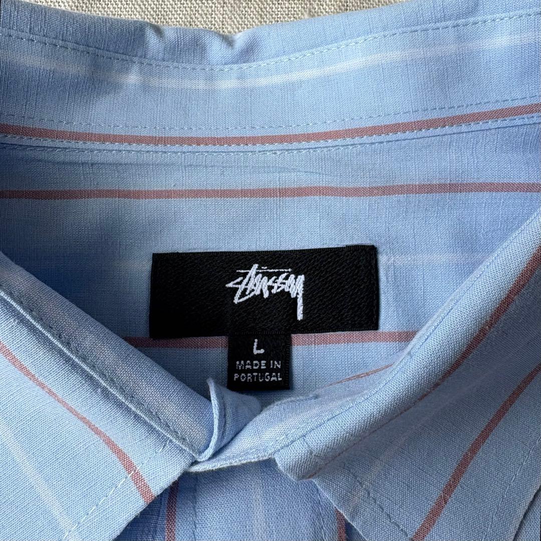 美品 Stussy モーガン蔵人着用 ブルー ストライプ 長袖シャツ L