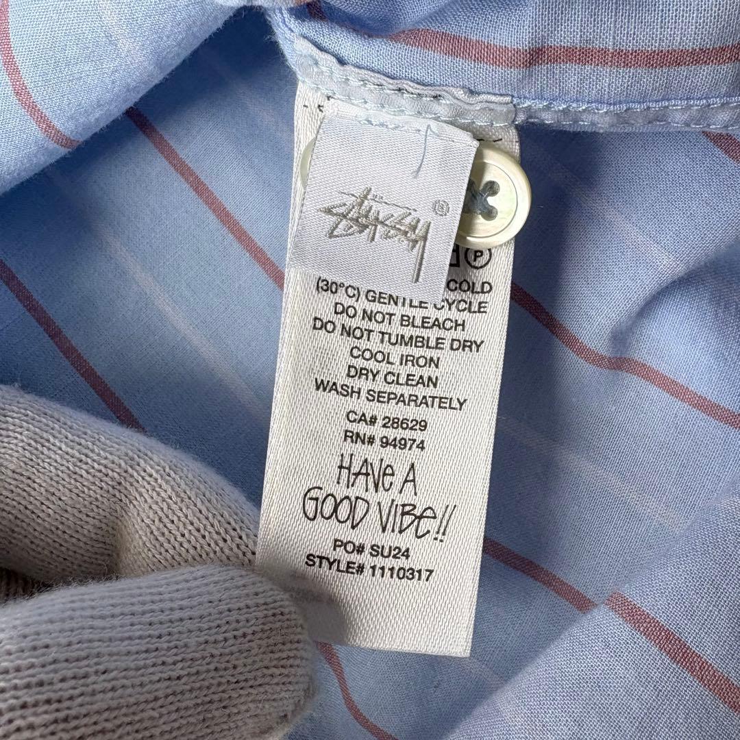 美品 Stussy モーガン蔵人着用 ブルー ストライプ 長袖シャツ L
