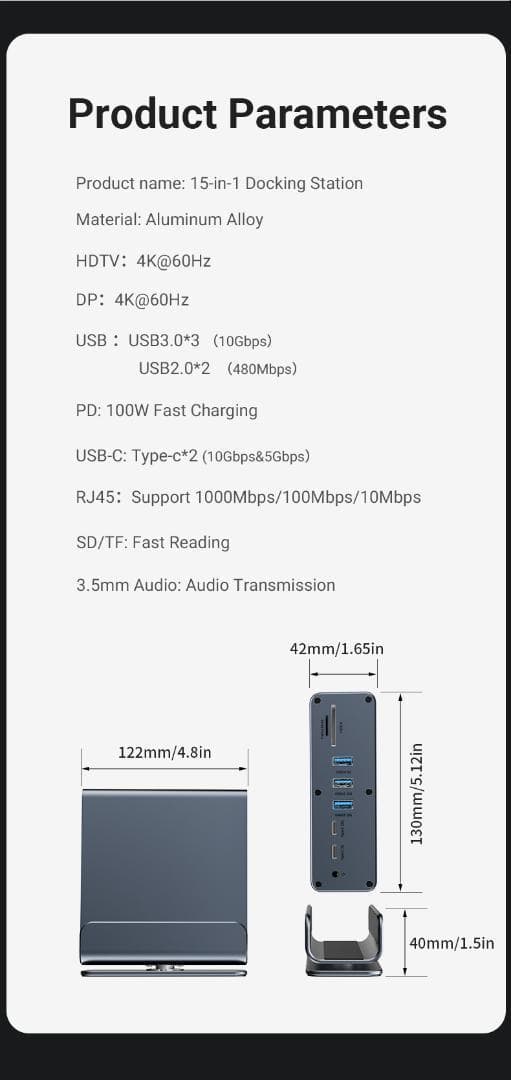 15in1ドッキングステーション 高速データ転送 100W出力　USB A C