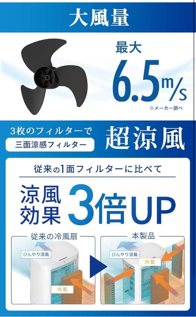 冷風扇 大風量 上部給水式 大容量水タンク10L 風量3段階