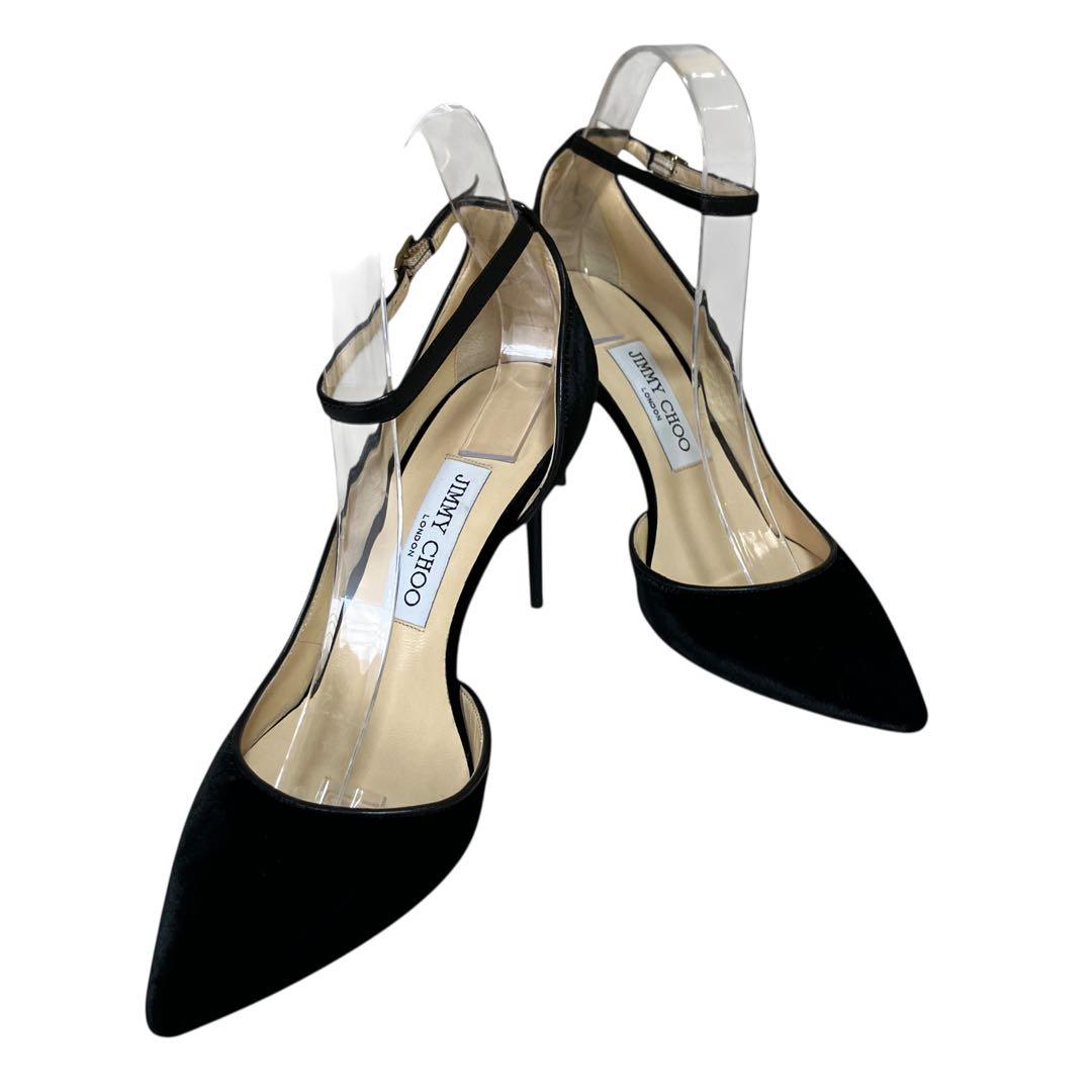 アッパー美品✨ジミーチュウ 黒 ベロア アンクルストラップ パンプス 23.5