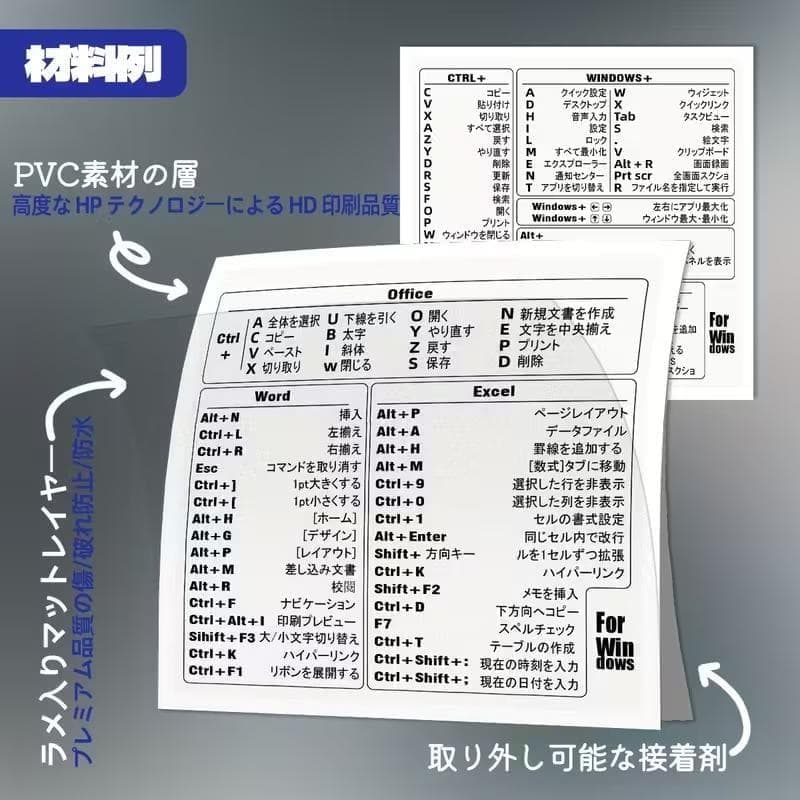 けん　ショートカットキーステッカー　Windows専用 早見表　30セット