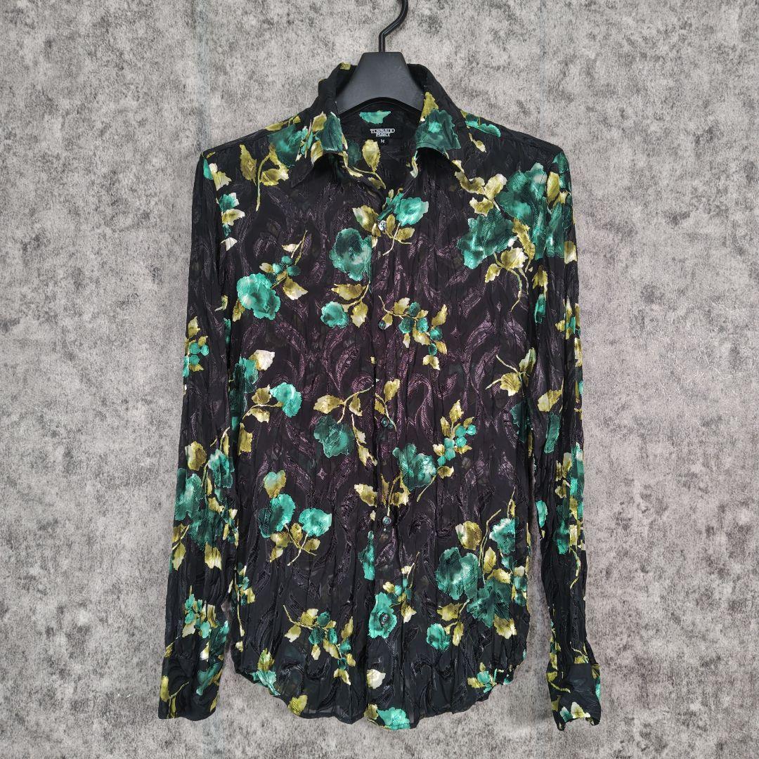 【透け感】極美品 トルネードマート 花柄 ジャガード シワ加工 シャツ 緑 M