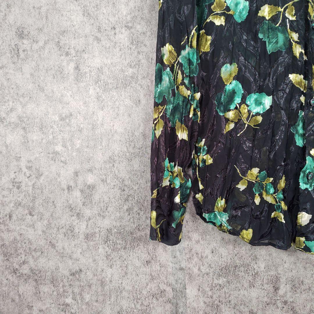 【透け感】極美品 トルネードマート 花柄 ジャガード シワ加工 シャツ 緑 M