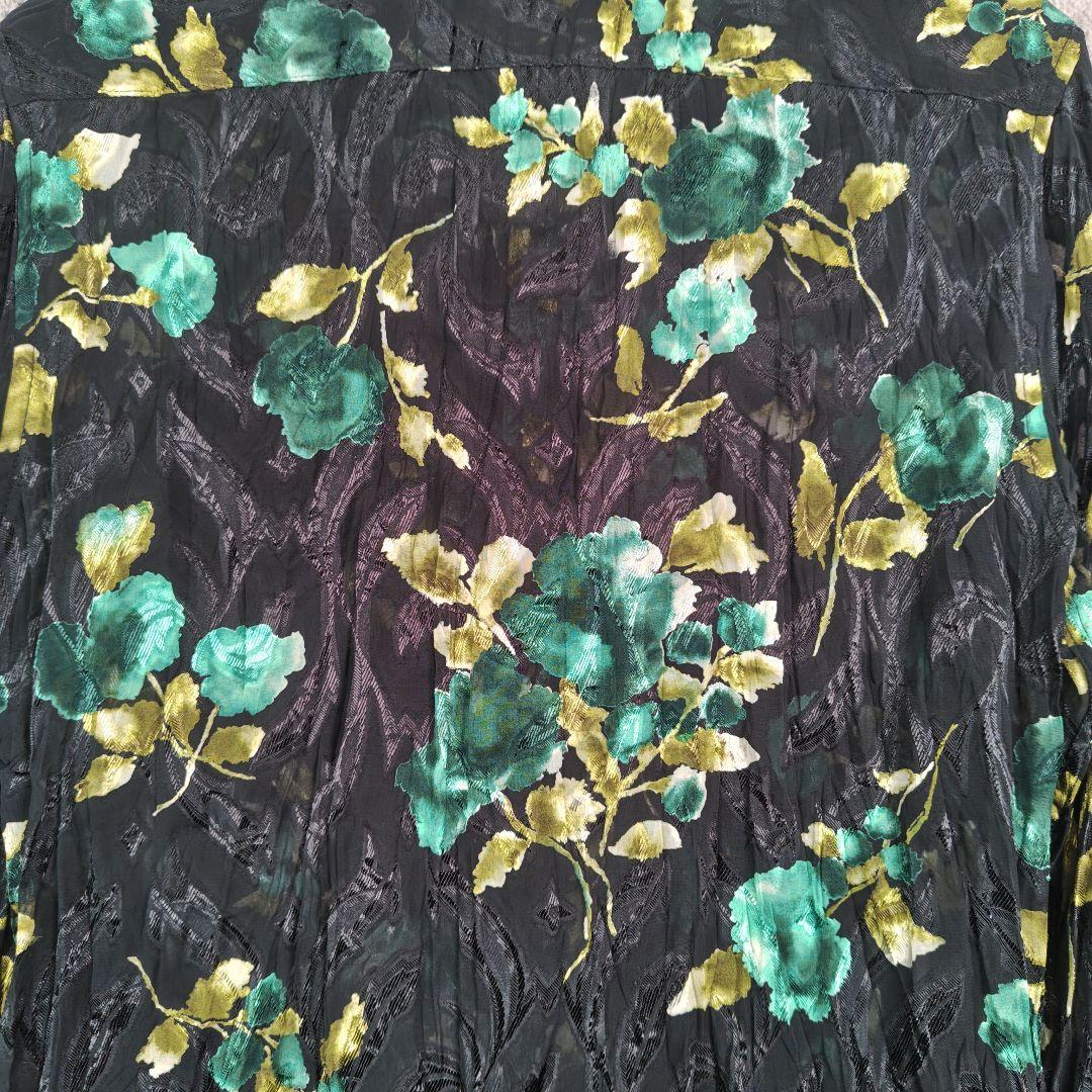 【透け感】極美品 トルネードマート 花柄 ジャガード シワ加工 シャツ 緑 M