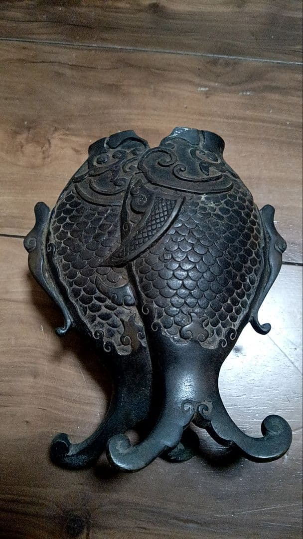 中国 古銅製 双魚花入 花器 花生 魚文 銅器　N64