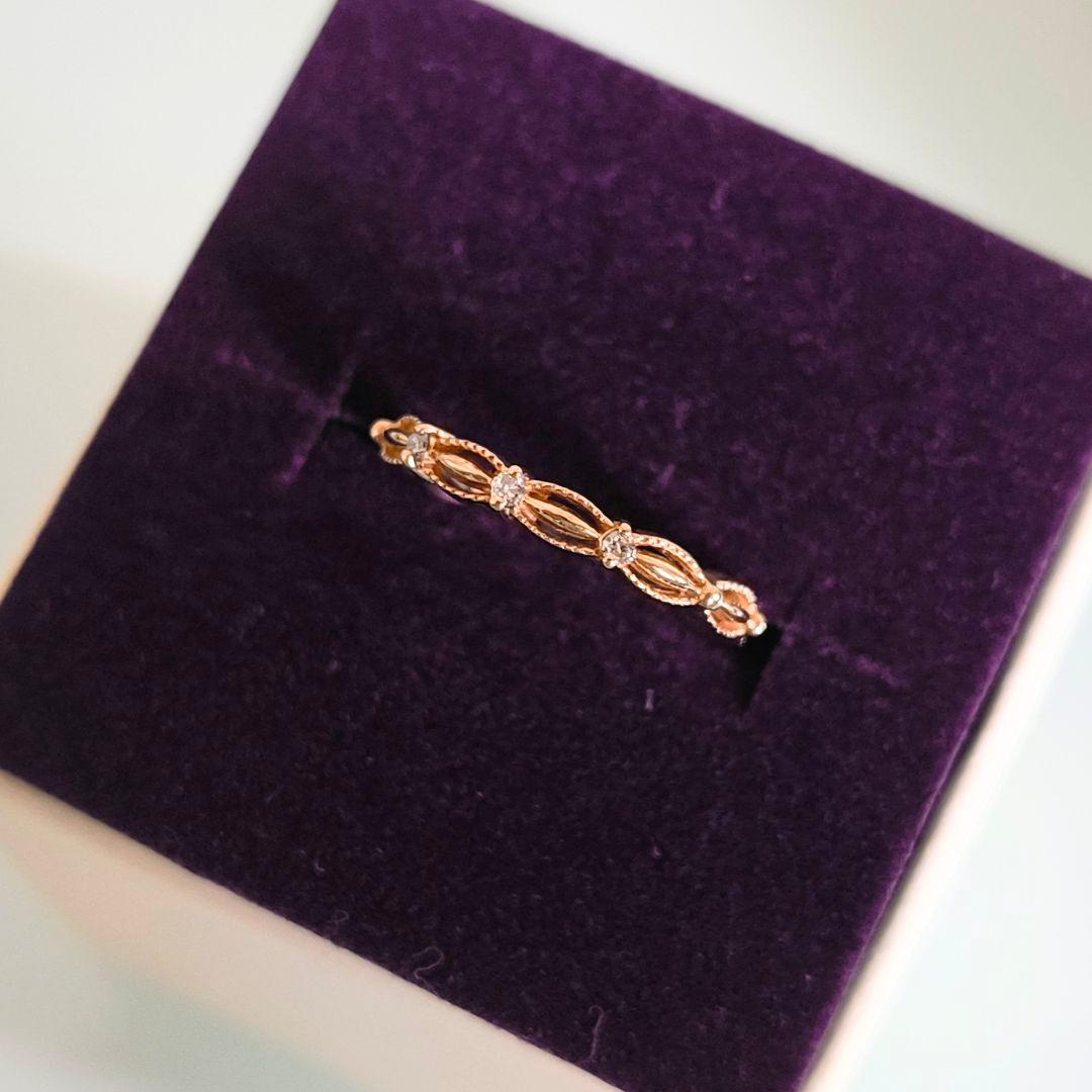 agete　K10 YG　透かし　ミルグレイン　ダイヤモンド　リング　1号