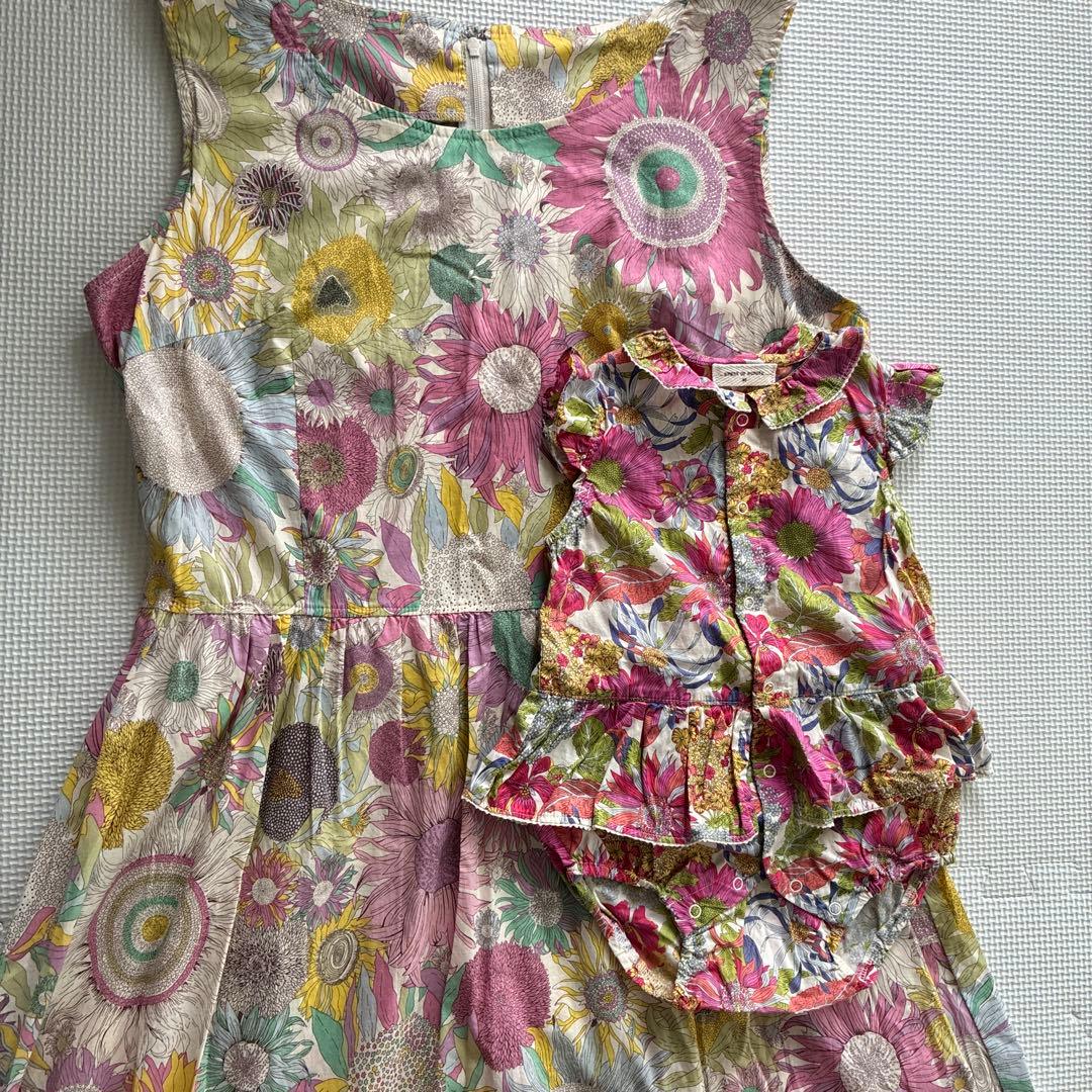 同梱あり専用ベビー80花柄ロンパース・ママ用ドレスセット　双子コーデ