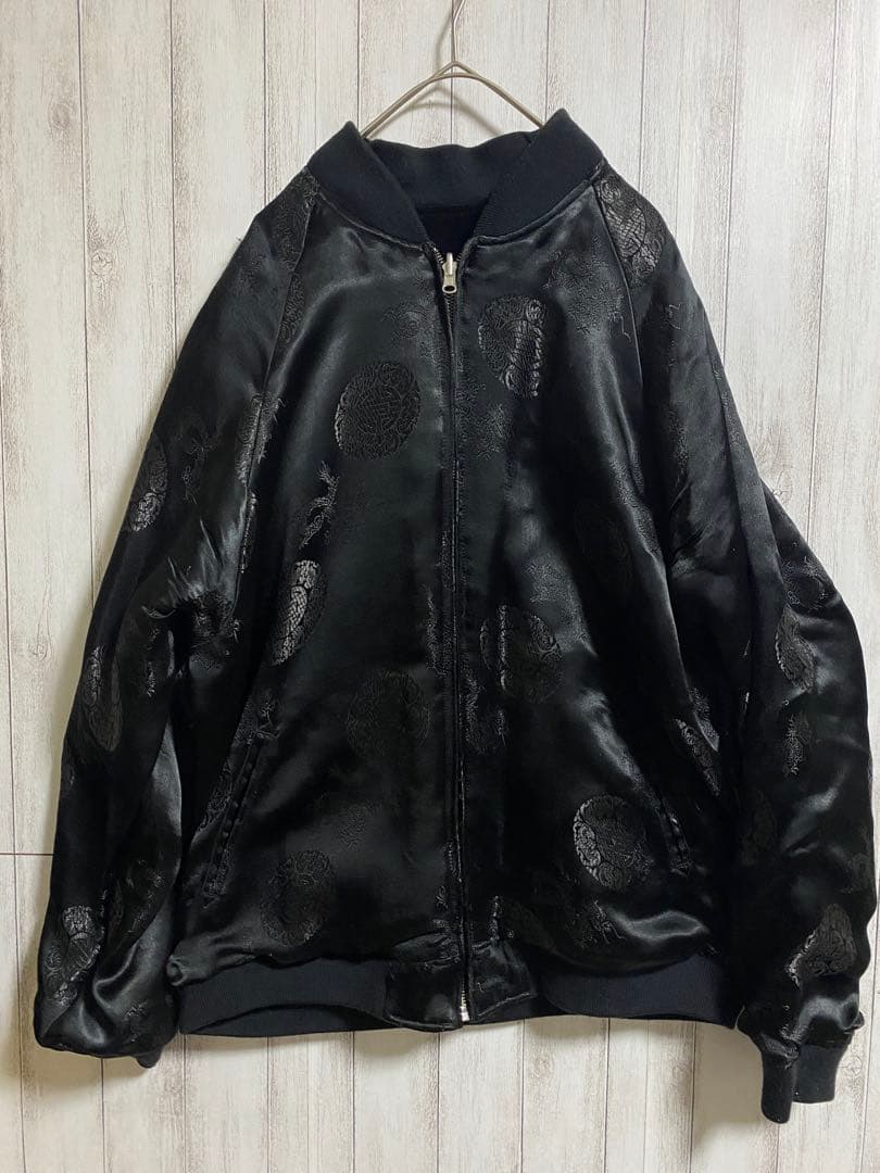 絡繰魂 スカジャン ベロア リバーシブル ブラック XL 古着 龍 刺繍