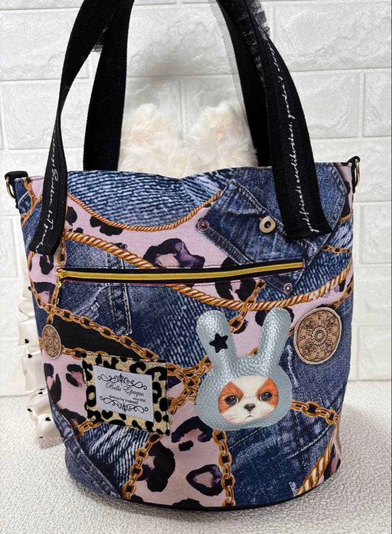 そ*2様 コヤンイサムチョン　ハンドメイド　丸底トートバッグ　デニムヒョウ柄　ア