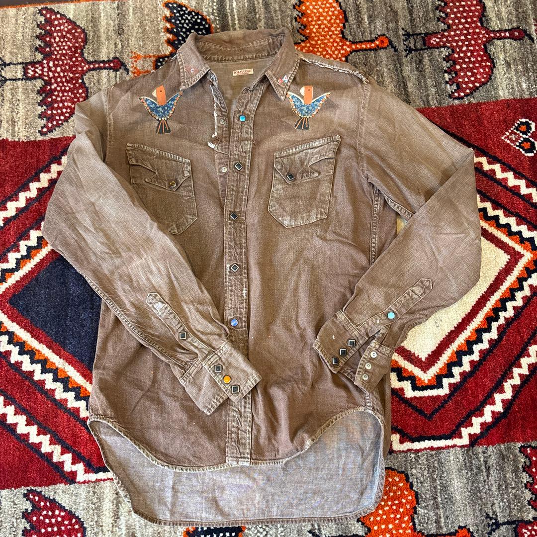 キャピタル　KAPITAL ブラウン 鳥刺繍 長袖シャツ