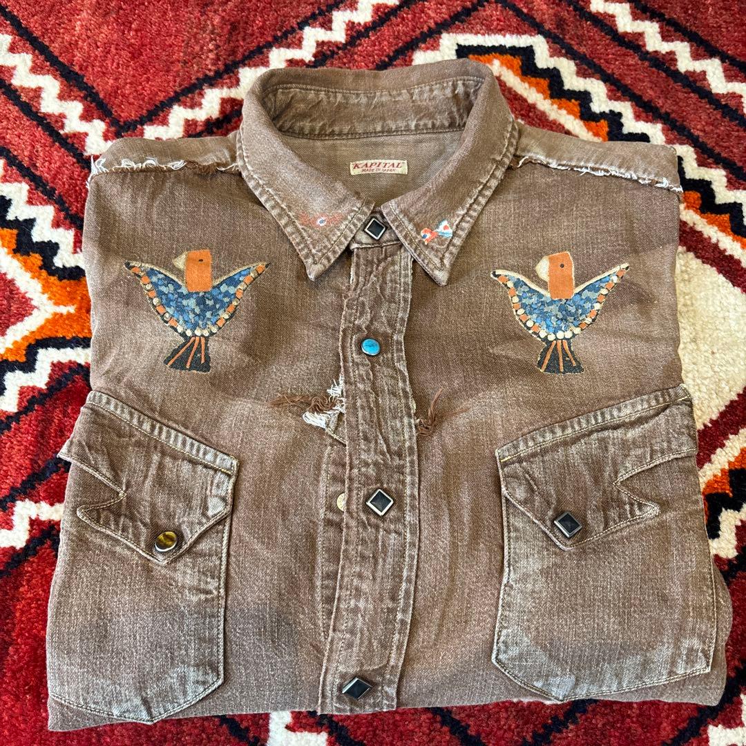 キャピタル　KAPITAL ブラウン 鳥刺繍 長袖シャツ