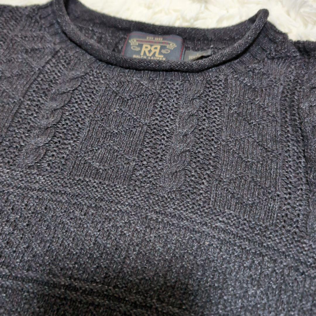 RRLダブルアールエルブラックインディゴ コットンケーブル編みロールネックニット