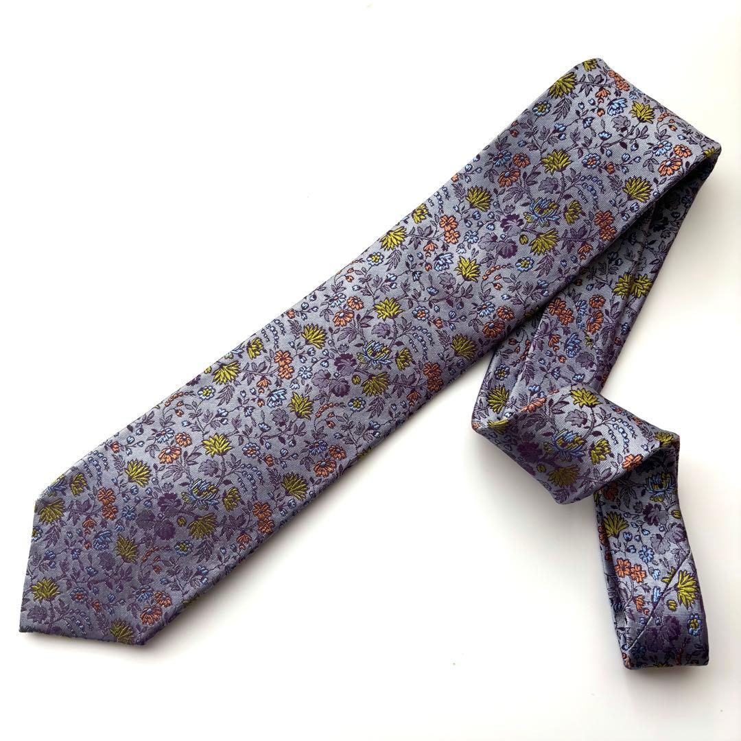 ꧁美品꧂ ポールスミス ネクタイ フローラルタイ 花柄 パープル グレー 光沢