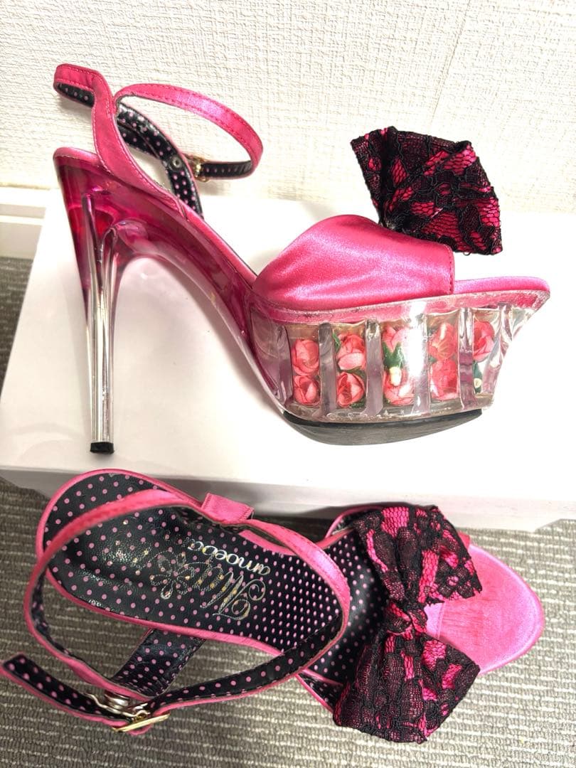 MARSピンクリボン付きフラワーソールサンダル高ヒールL24.0〜24.5センチ