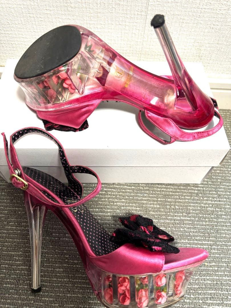 MARSピンクリボン付きフラワーソールサンダル高ヒールL24.0〜24.5センチ