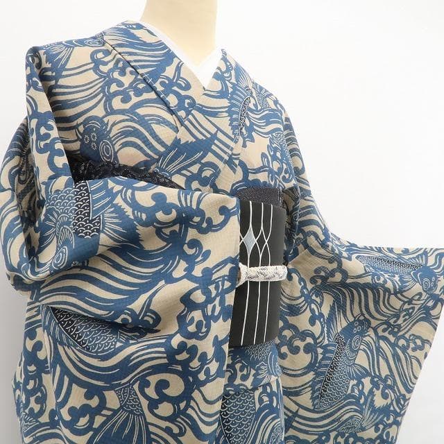 新品 竺仙 流水に鯉 仕立て上がり 夏着物 仕付糸付 綿紅梅 高級浴衣 6219