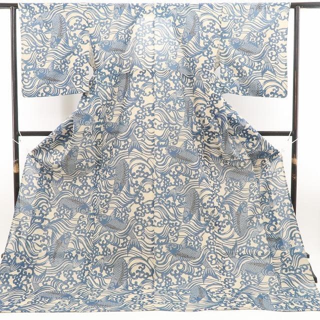 新品 竺仙 流水に鯉 仕立て上がり 夏着物 仕付糸付 綿紅梅 高級浴衣 6219