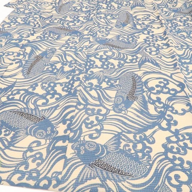 新品 竺仙 流水に鯉 仕立て上がり 夏着物 仕付糸付 綿紅梅 高級浴衣 6219