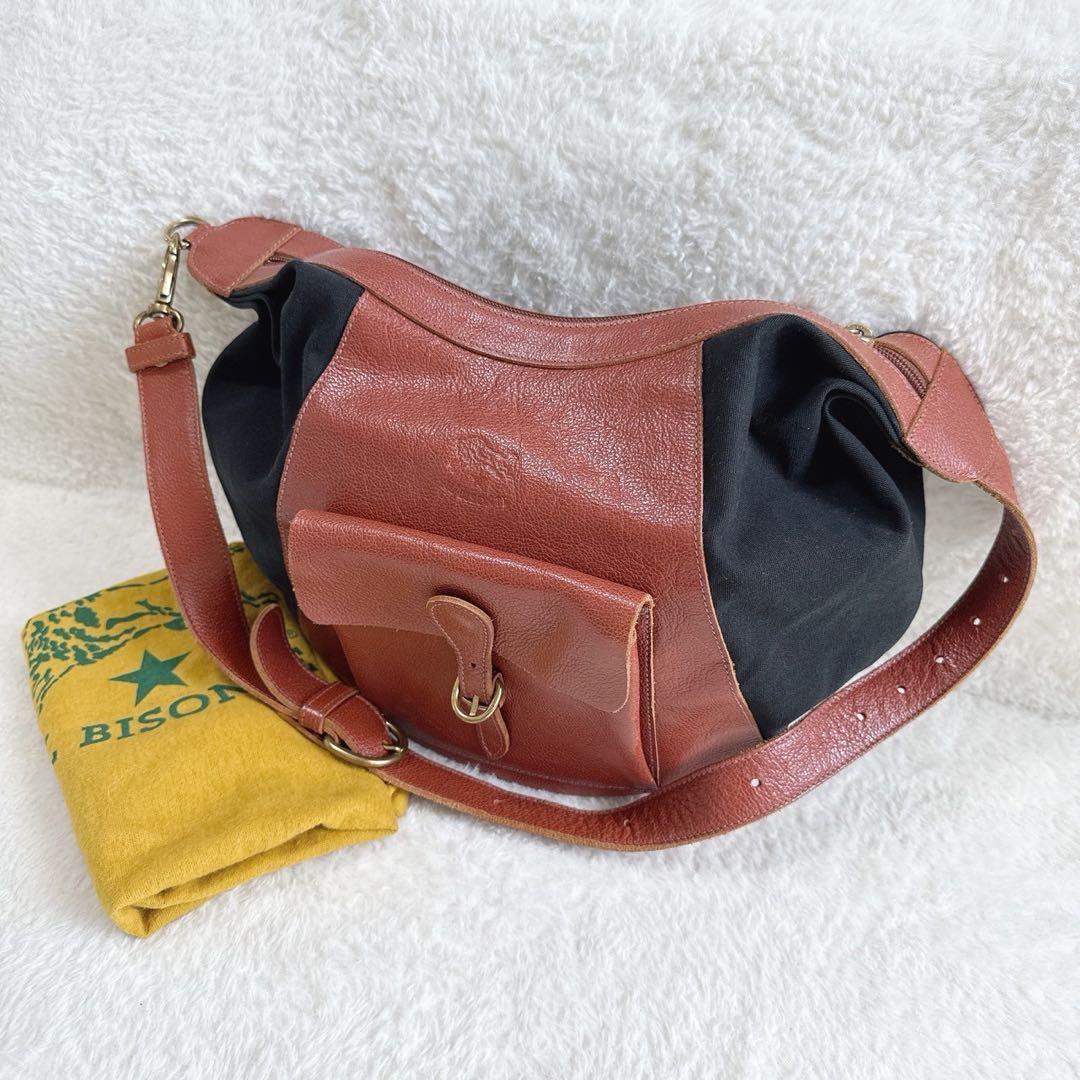 【美品】　IL BISONTE ショルダーバッグ レザー×キャンバス ブラウン