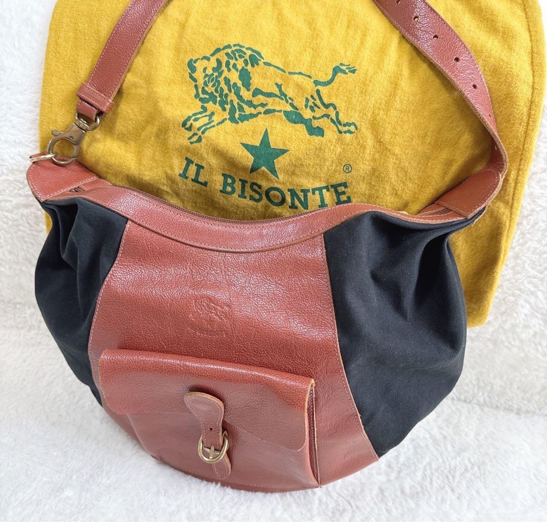 【美品】　IL BISONTE ショルダーバッグ レザー×キャンバス ブラウン