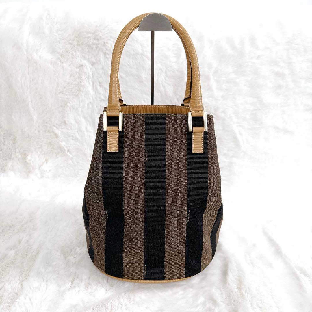 フェンディ ハンドバッグ ペカン バケツ型 キャンバス レザー ストライプ 希少