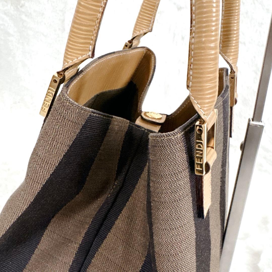 フェンディ ハンドバッグ ペカン バケツ型 キャンバス レザー ストライプ 希少