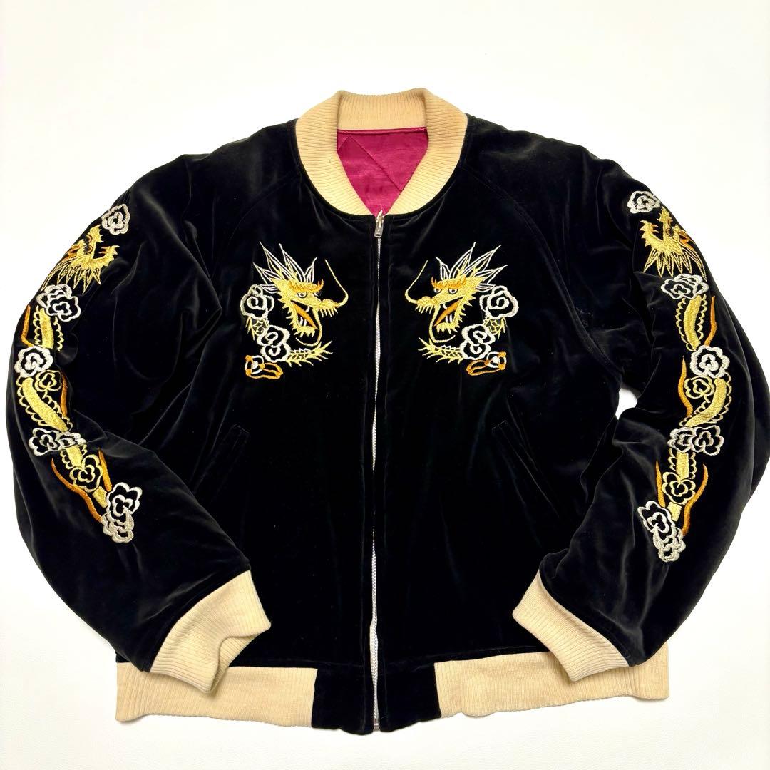 美品✨ ザフラットヘッド 別珍 ベロア スカジャン 龍 鷲 黒 赤 Lサイズ