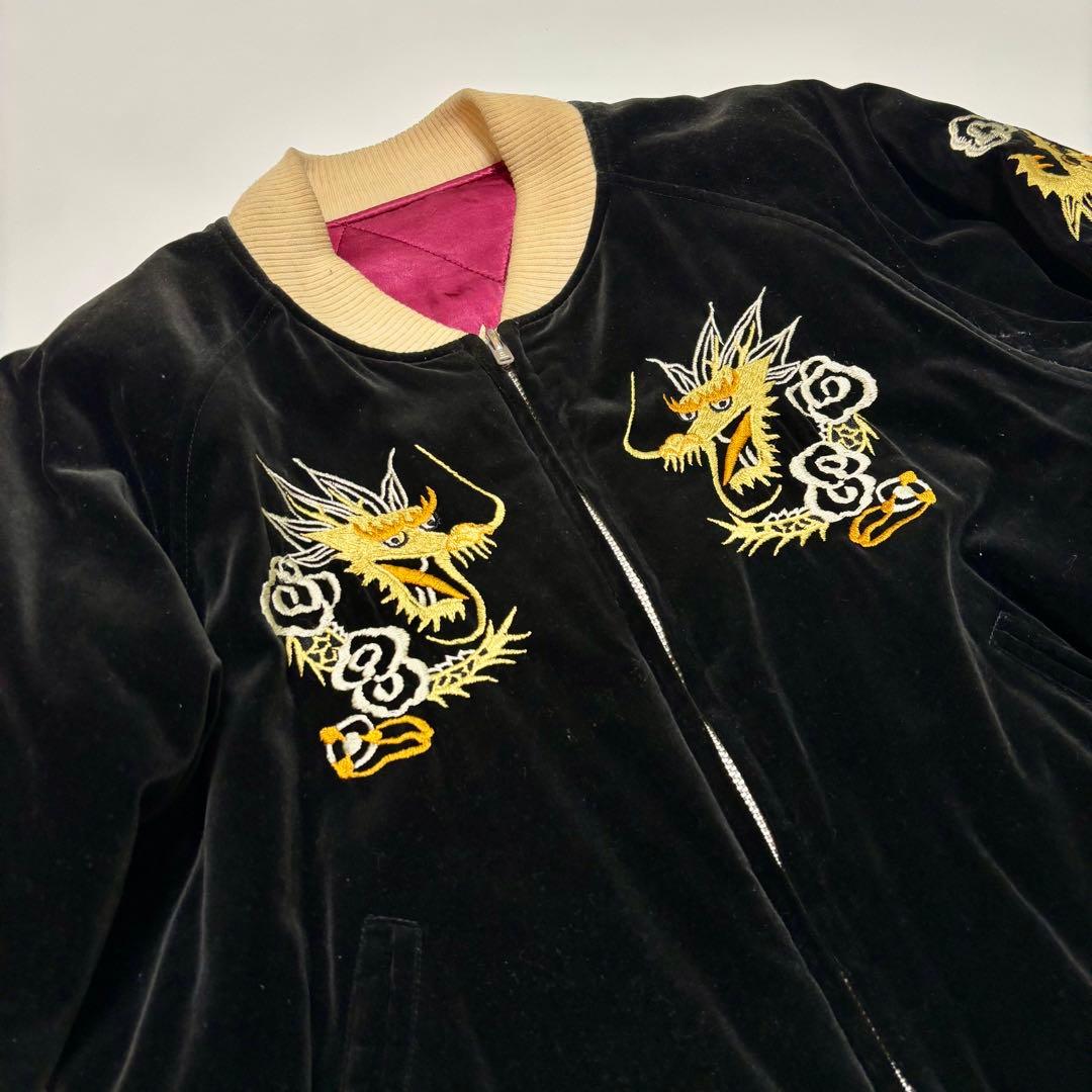 美品✨ ザフラットヘッド 別珍 ベロア スカジャン 龍 鷲 黒 赤 Lサイズ