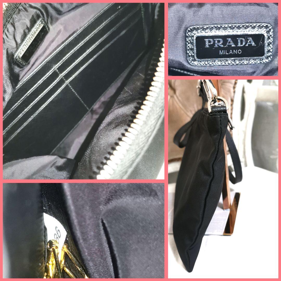 【美品】プラダPRADAサフィアーノ黒大きめポーチ新品ショルダー付!鑑定済!