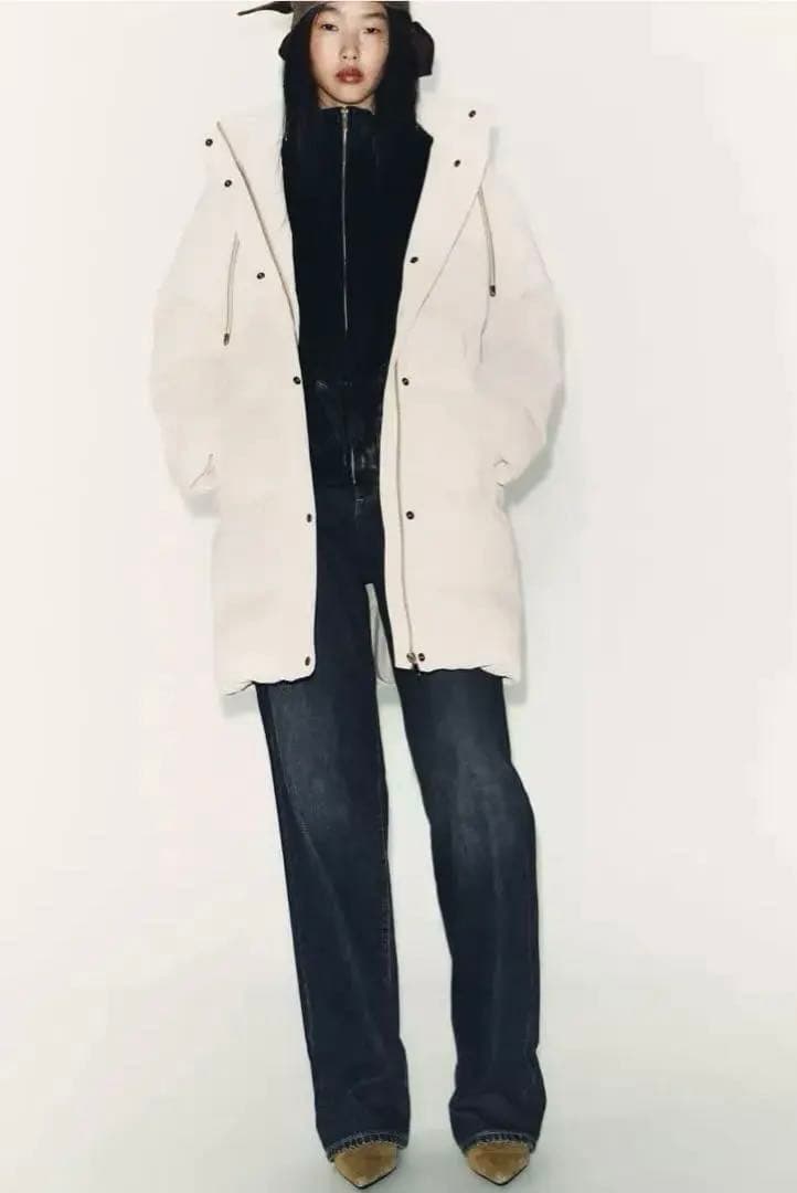 ZARA セミロング丈ラバー加工ウィンド ブレーカーアノラック　L