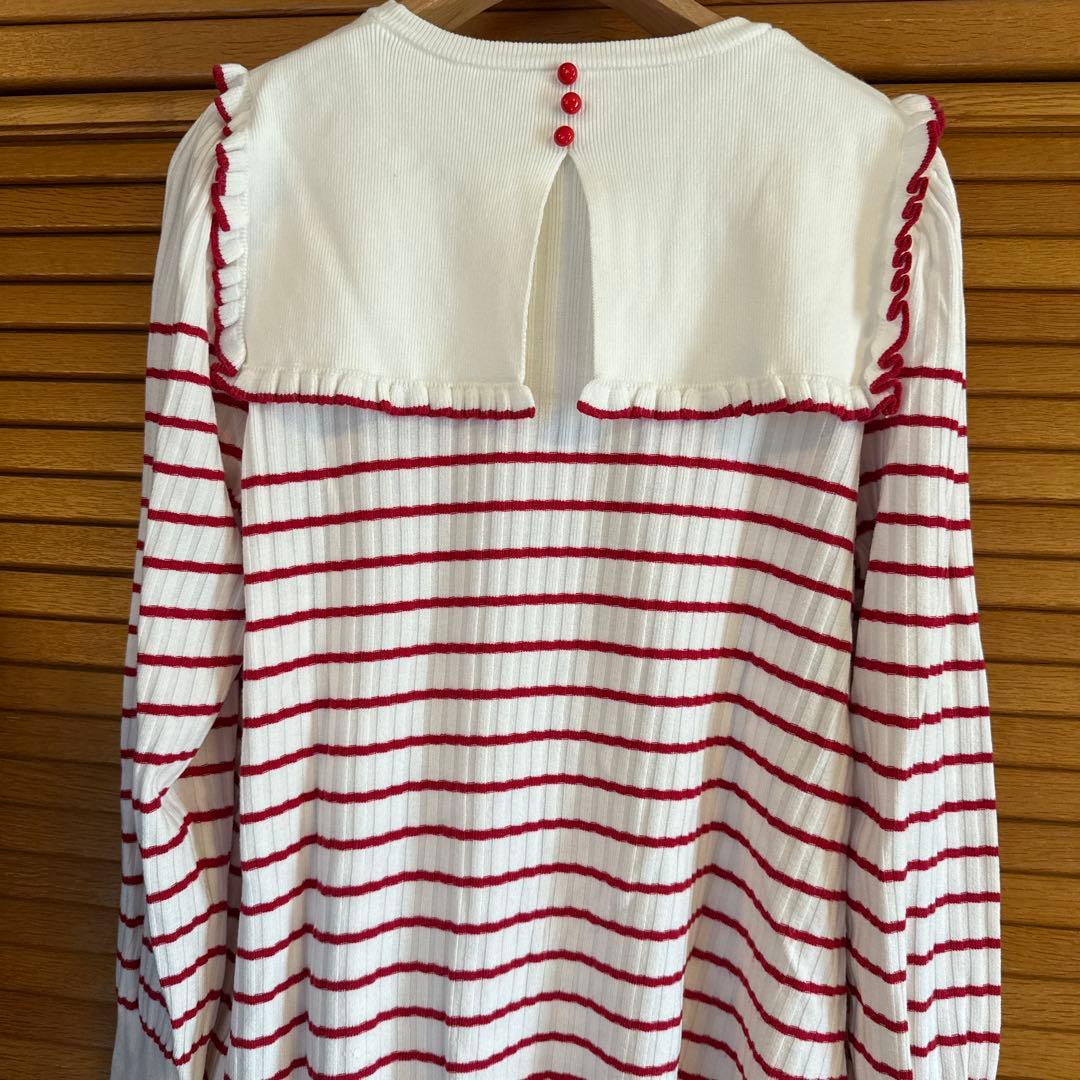 アンミヌ　unminou 赤と白のストライプ 長袖セーラーニット