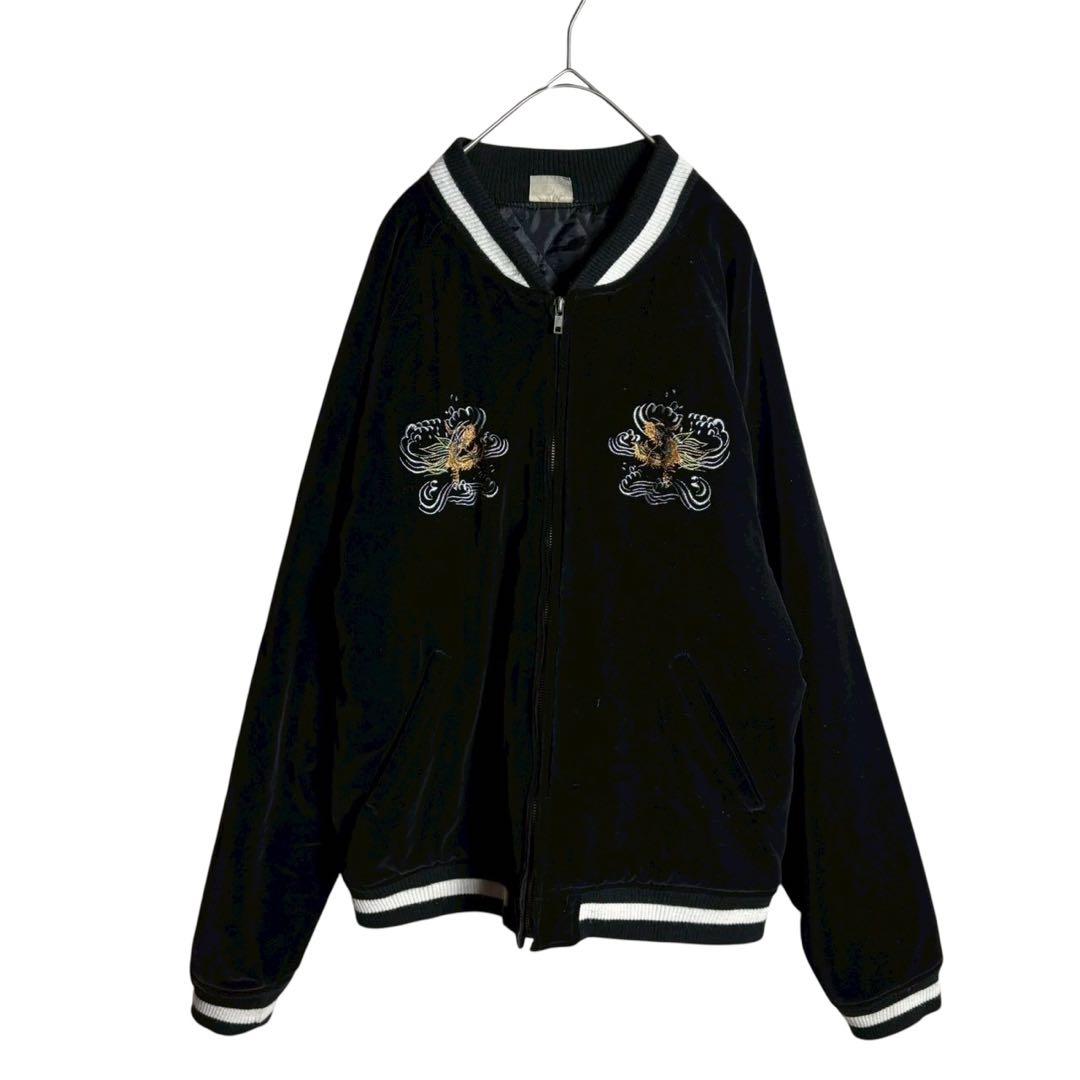 スカジャン　別珍　ベロア　ブラック　刺繍　日本地図　富士山　ドラゴン　Lサイズ