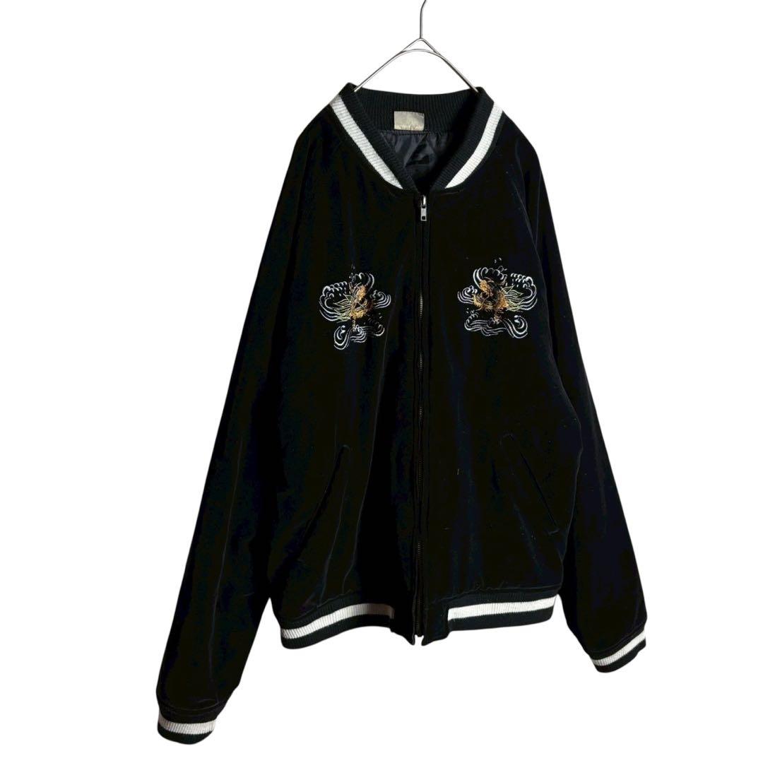スカジャン　別珍　ベロア　ブラック　刺繍　日本地図　富士山　ドラゴン　Lサイズ