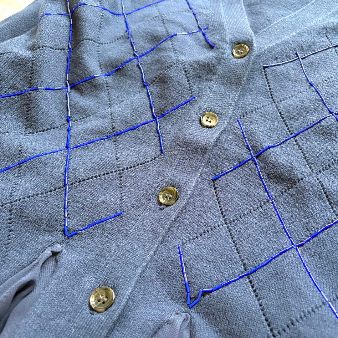 未使用 ミュベール 刺繍 アーガイル ニット レース カーディガン ネイビー
