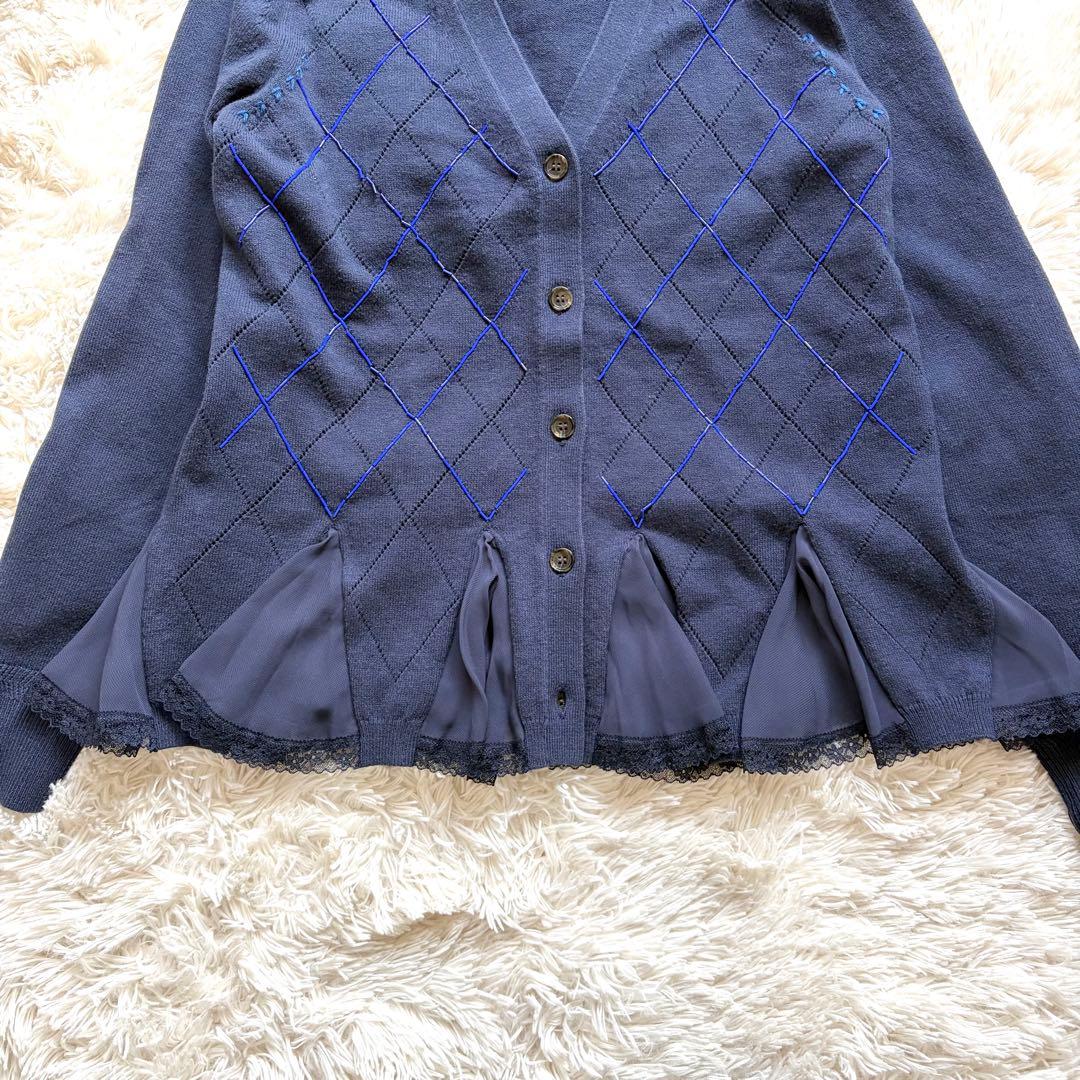 未使用 ミュベール 刺繍 アーガイル ニット レース カーディガン ネイビー