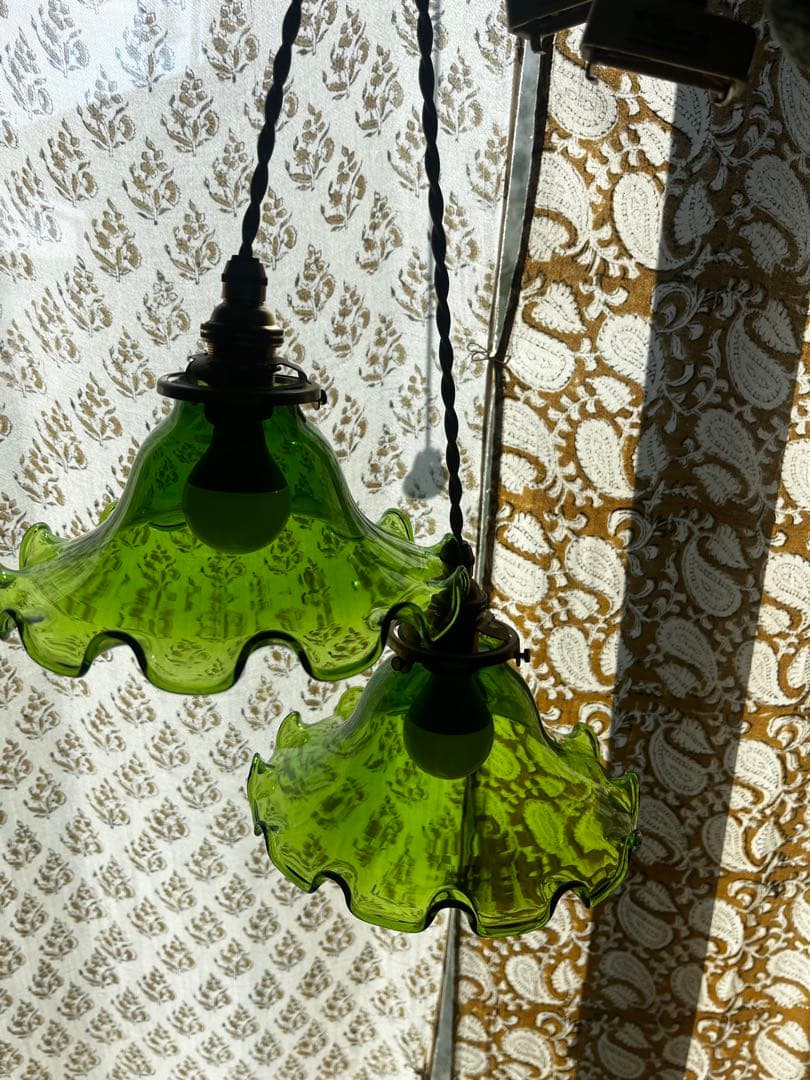【2個セット】グリーンガラス ペンダントライト