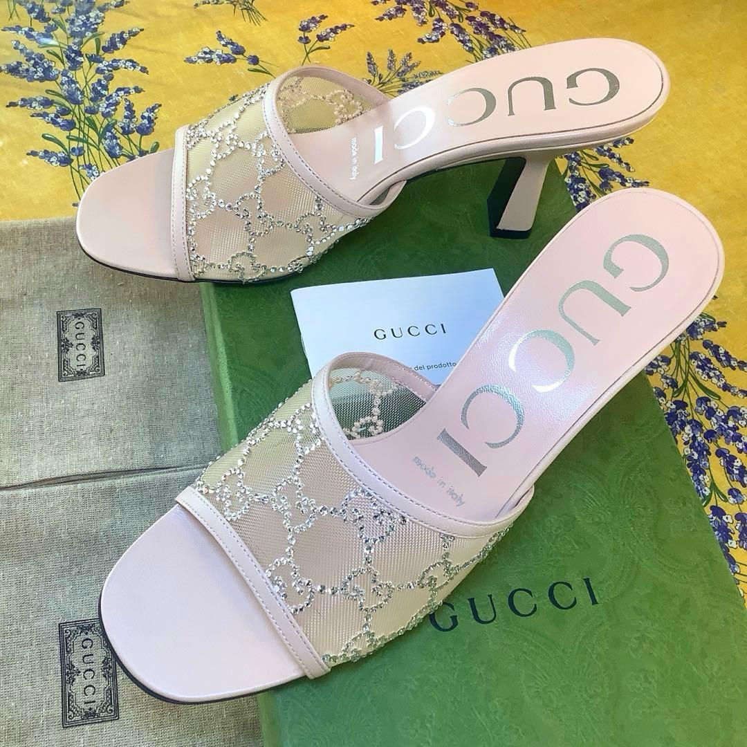 新品! グッチ ダイヤモンドカットクリスタルビジュー GGマーク サンダル24㎝